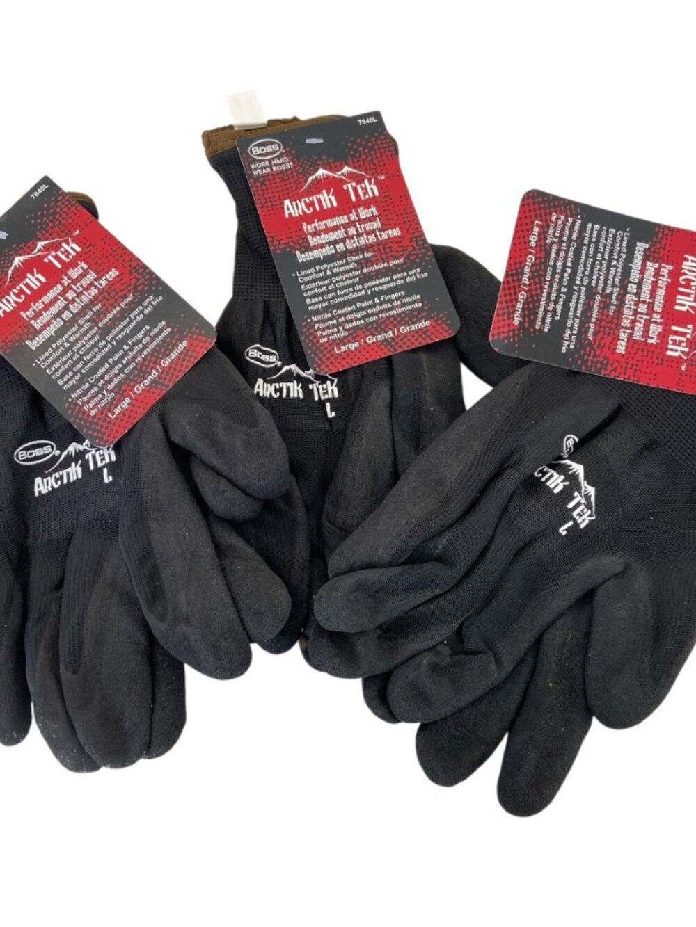 Boss Arctik Tek Black Work Gloves Bundle Of 3 Large Lined Polyester & Nitrile-Co